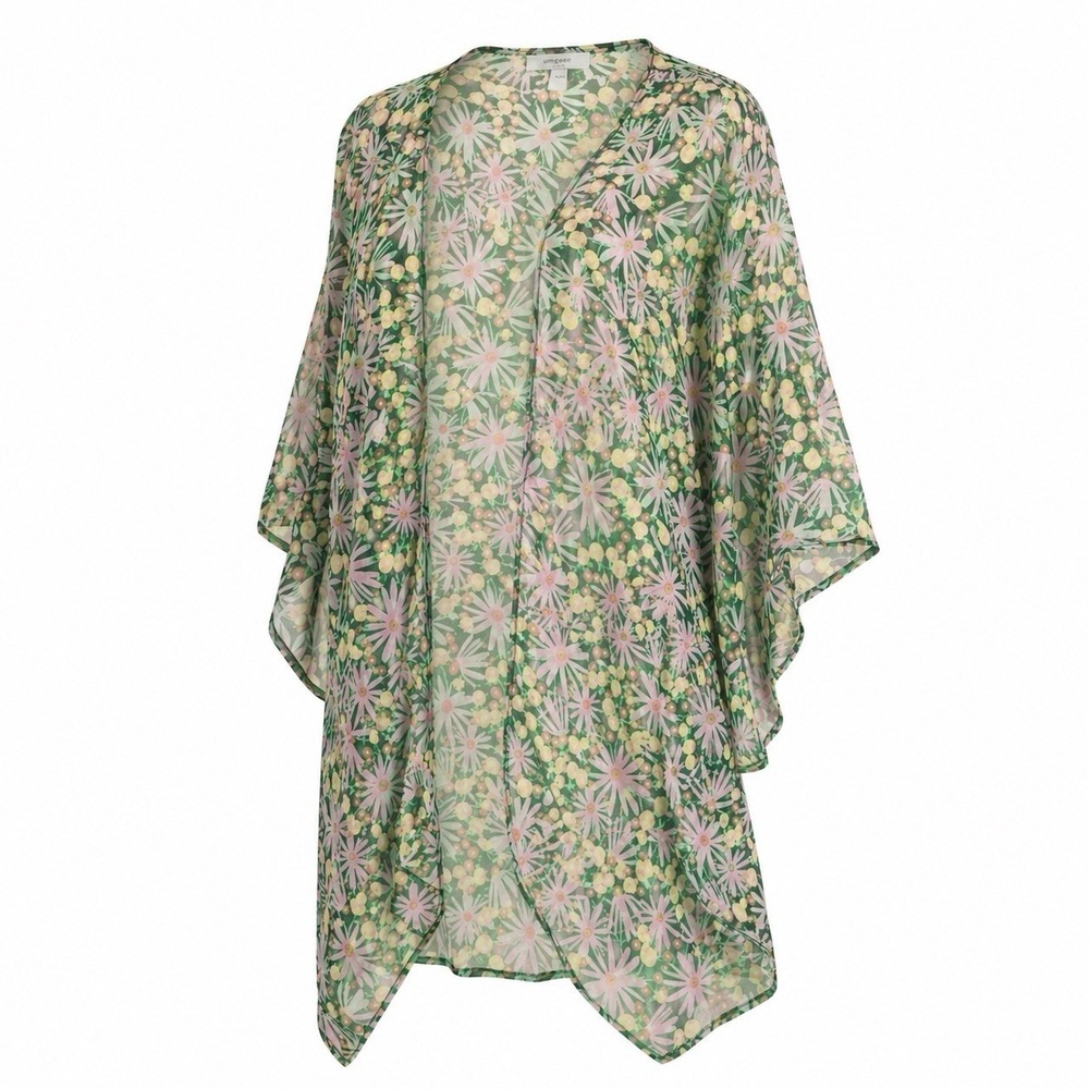 Umgee Boho Floral Kimono Green Mix Sheer Cover Up Festival Beach M/L NWT